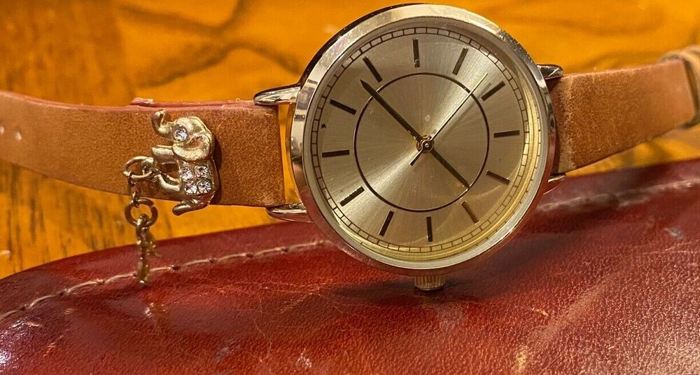 Women's 30mm Gold Tone Francesca's Watch, Elephant Charm on Brown Band